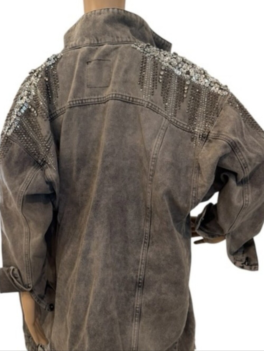 Stud-Embellished Grey Washed Denim Jacket - Picture 10 of 10